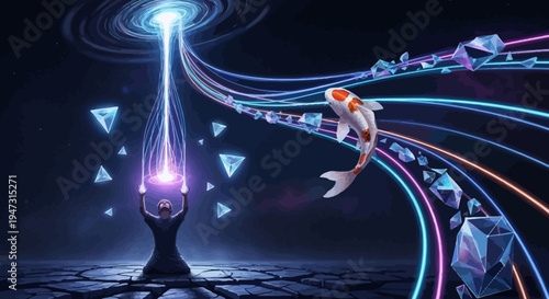 Cosmic Energy Flow: Koi Fish, Crystals, and Abstract Portal