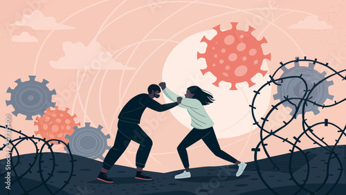 An illustration of a man and woman fighting on a barbed wire hill with virus cells in the background