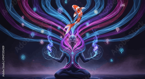 Meditating Figure with Koi Fish and Energy Streams
