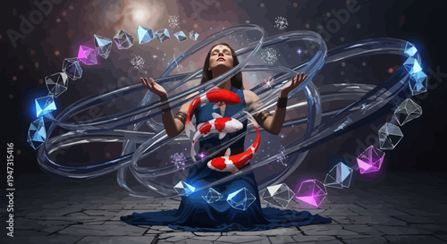 Woman Meditating with Koi Fish and Geometric Orbs in Cosmic Setting