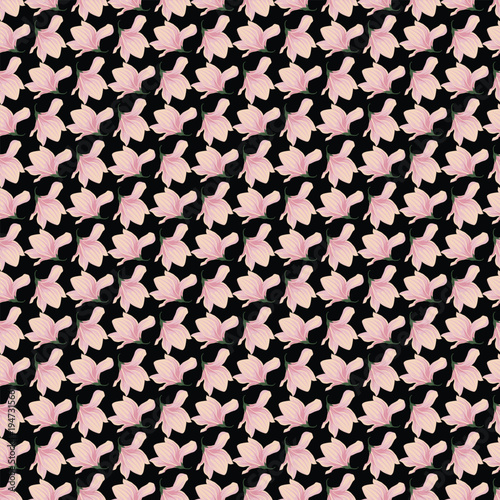 Elegant floral pattern featuring soft pink flowers on a black background, perfect for fabric designs.
