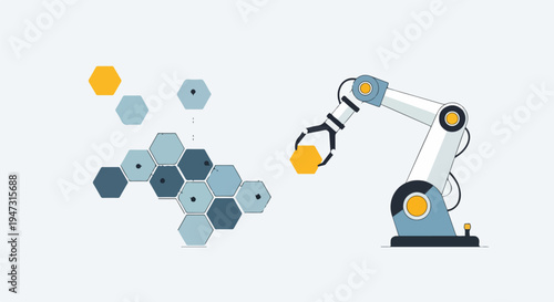 Robotic arm assembling hexagonal shapes, representing automation, industry, and technology in manufacturing