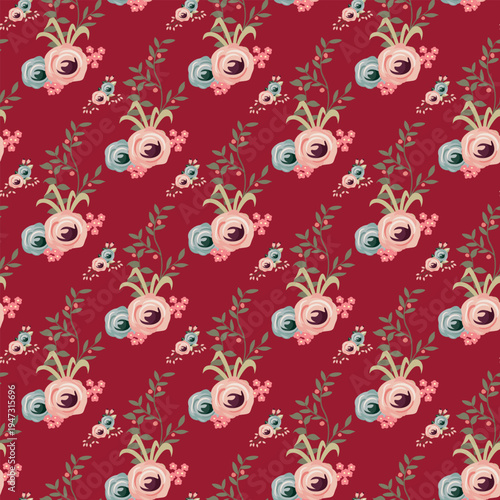 Elegant floral pattern featuring soft roses on a rich burgundy background.