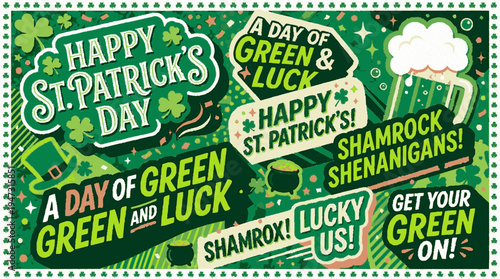 Vibrant st patrick's day typographic collage celebrating luck shamrocks and festive green elements with bold text