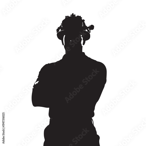 Silhouette of Person Wearing Headset and Holding Crossed Arms on White Background For Business Communication Concepts