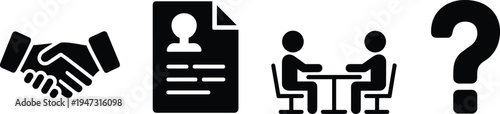 Recruitment icons, set featuring handshake, resume profile, job interview meeting, and question mark symbols, hiring process, human resources, career, employment
