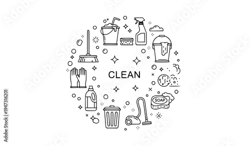 A minimalist vector graphic illustration of cleaning supplies in a circular design