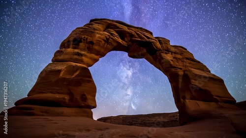 Delicate Arch Under The Milky Way Galaxy Night Sky.