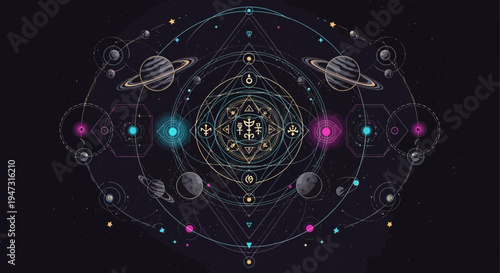 Cosmic Sacred Geometry Mandala, Planets, Stars and Mystical Symbols