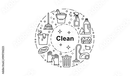 A minimalist vector graphic illustration of cleaning tools and supplies in a circular design