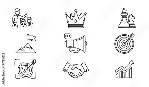 A set of business strategy icons in a minimalist line art style