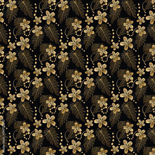 Elegant gold floral and leaf pattern on a rich black background, creating a luxurious aesthetic.