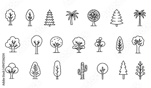 A collection of various tree and plant illustrations in a minimalist line art style