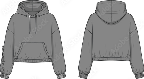 Technical Sketch of Gray Cropped Hoodie with Oversized Fit, Dropped Shoulders, Elastic Waistband, and Kangaroo Pocket Seen from Front and Back (21 words)