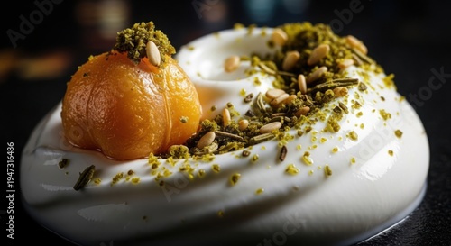 Creamy whisked confection features smooth white base and vibrant orange sweet. Whisked confection garnished with crushed pistachio and golden pine nuts, creating rich texture.