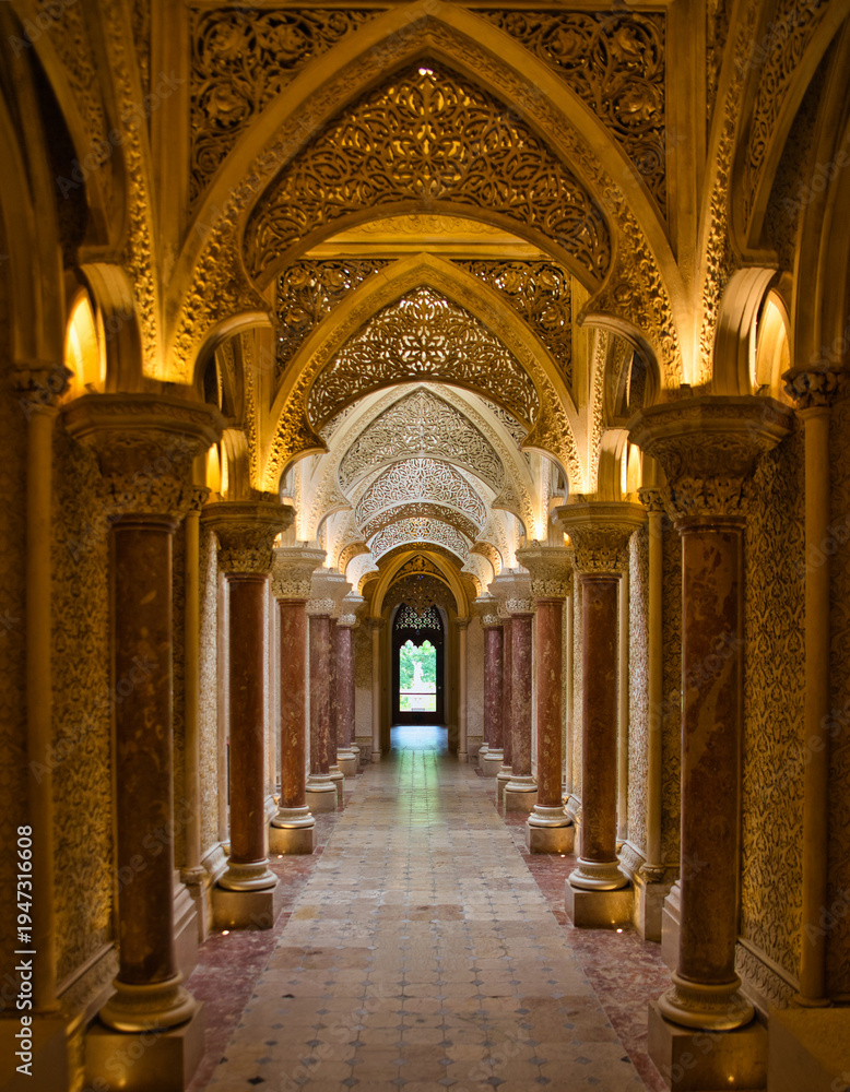 Obraz premium Ornate Architectural Corridor with Arches and Historic Interior Symmetry