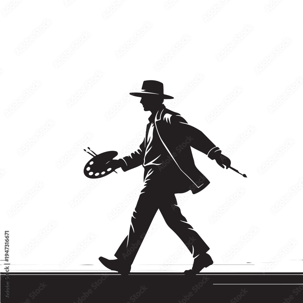 Obraz premium Silhouette Of Artist Walking With Paintbrush And Palette On White Background For Creative Concepts