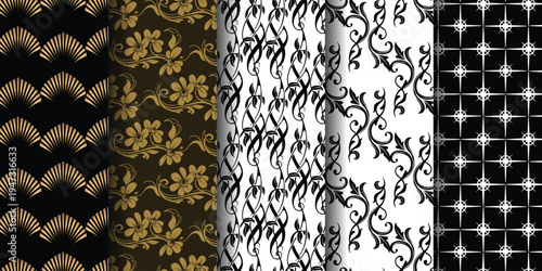 Elegant patterns in black and gold, showcasing floral and geometric designs on contrasting backgrounds.