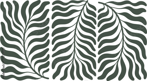 Abstract Dark Green Tropical Leaf Motifs on a White Background leaves foliage