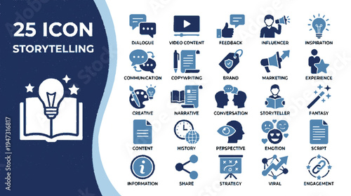Modern flat design icon set showcasing 25 storytelling elements on dark blue background for presentations