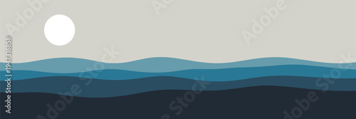 Abstract minimalist landscape with wavy lines and a large white circle in a pale sky