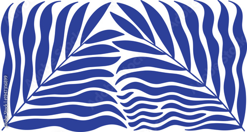 Abstract blue palm leaves and wavy lines pattern on white background vector illustration