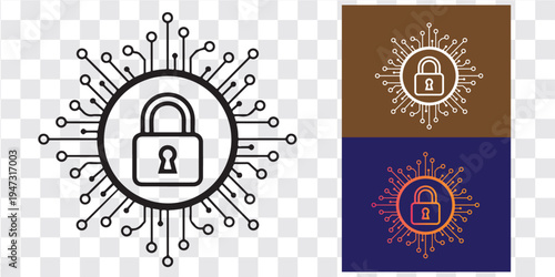 Abstract circuit padlock icon representing cybersecurity and digital privacy in design variations