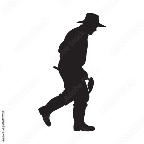 Man in hat walking with shovel on white background for labor concepts