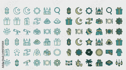 Eid al fitr icons including mosque crescent moon gift boxes lanterns and traditional symbols in a minimalist vector style