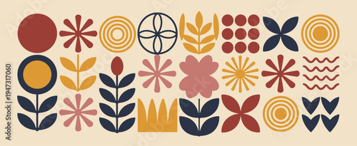 Mid-century modern abstract geometric and organic shapes in warm earthy tones