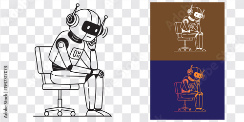 Abstract line art illustration of robot sitting thoughtful pose in design variations