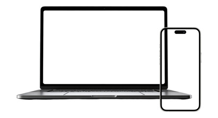 PARIS - France - September 19, 2025: Newly released Apple Macbook Air and Iphone 14, Silver color. Side view. 3d rendering laptop mockup on white background