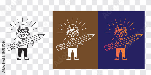 Abstract line art illustration of child holding big pencil with creative variations