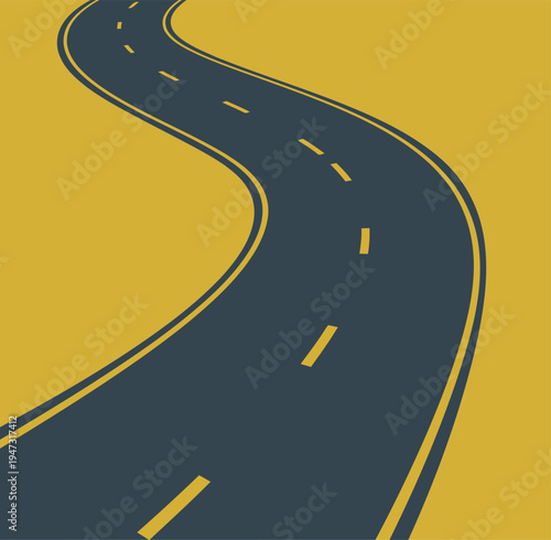 A winding road stretches across a vibrant yellow background with a dark grey asphalt texture and yellow markings