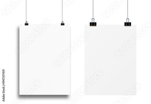 Photos Blank white poster hanging up with clips mockup