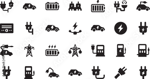 electric vehicle charging station energy icon set vector illustration
