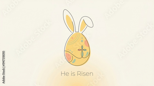 Easter Sunday Celebration - Decorated Egg with Bunny Ears and Cross Floral Motif Line Art