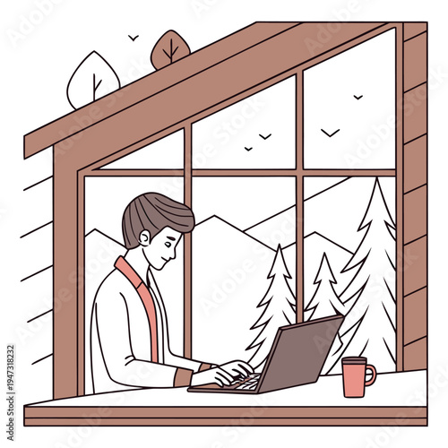 Professional Person Working on Laptop in Mountain Cabin Illustration