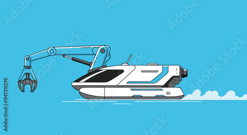 Futuristic robotic submersible with a mechanical arm for deep sea exploration and research