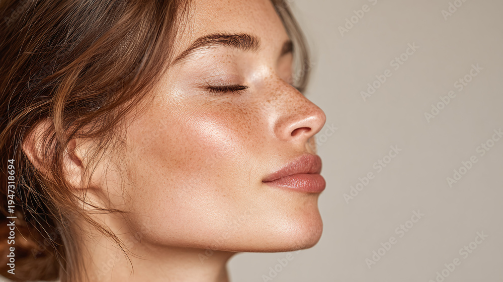 Fototapeta premium youth beauty portrait of young woman in profile with flawless healthy skin soft natural makeup glossy lips and serene expression after skincare routine