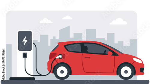 Red electric car charging at station with city background clean energy