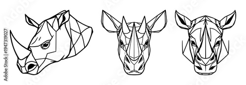 Rhino head set with symmetrical line art of heavy polygonal lines on white background featuring modern style, illustration, vector graphics with geometric and schematic and artistic