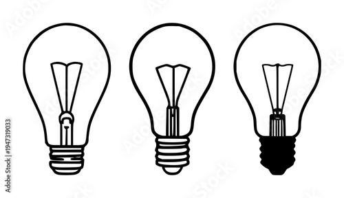 Lightbulb set with continuous one-line drawing on solid white background featuring vector, silhouette, filament with monochrome and modern