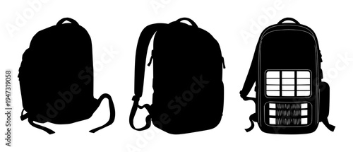 Smart backpack set with solid black silhouette and solar panels and integrated straps featuring high‑tech, nomadic tech lifestyle, white background with silhouette and straps