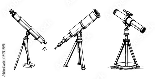 Galileo-style telescope set with vintage ink sketch detailing early astronomy instrument featuring black ink, white background, illustration with astronomy history and optical instruments