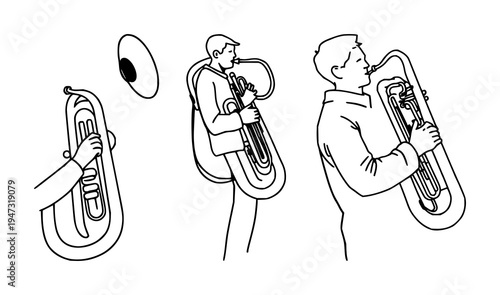 Tuba player set with continuous line drawing of a person playing a tuba featuring minimalist musical art, single black stroke, white background with line art and illustration