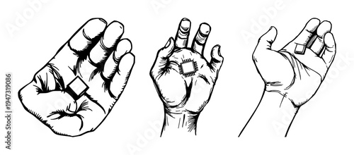 Hand set with sketchbook style drawing of tiny microchip held in hand featuring black ink, art, technology with invisible tech and minimalism