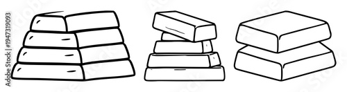 Gold bullion bars set with flat vector icon of a stack of gold bullion bars featuring wealth, investment, minimalist, 2D and gold