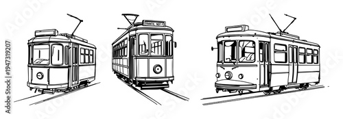Streetcar set with sketchbook style illustration of an old‑fashioned streetcar isolated on white featuring black ink pen, vintage transit, line art with vector and illustration