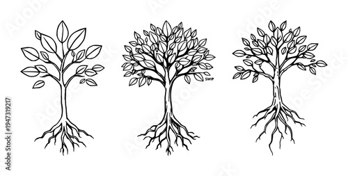 Tree logo set with green life tree illustration featuring roots, leaves, foliage with dynamic lines and balanced composition